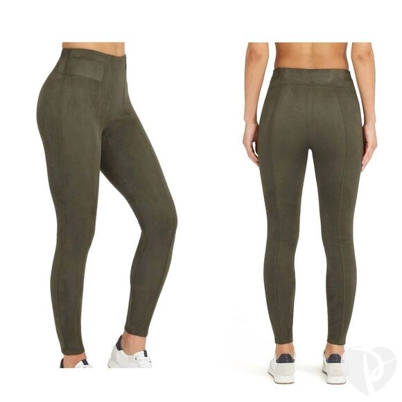 SPANX Olive Green Faux Suede Leggings Ankle Length Tummy Control Stretch Size S - Picture 1 of 16